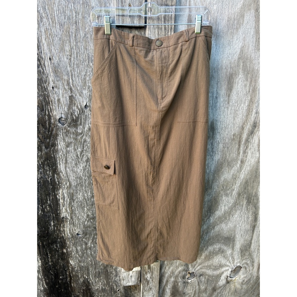 Kirious Brown Cotton Cargo Midi Skirt Size L Utility Y2K Safari Pockets Gorpcore